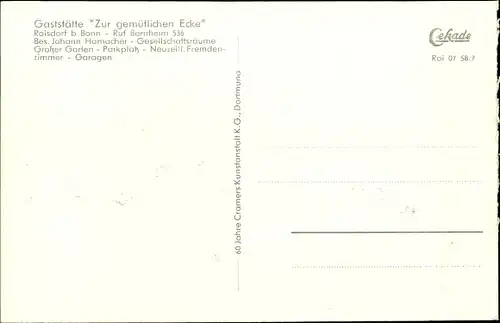 Ak Roisdorf Bornheim am Rhein, Gasthof Zur gemütlichen Ecke, Inh. J. Hamacher