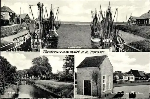 Ak Westeraccumersiel Dornum in Ostfriesland, Fischereihafen, Geschäft G. Buss, Partie am Tief