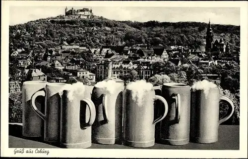 Ak Coburg Oberfranken, Panoramablick auf die Stadt mit Bierkrügen