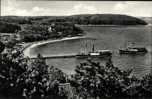 Ak Glücksburg an der Ostsee, Teilansicht, Dampfer