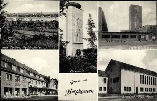 Ak Bergkamen in Westfalen, Ehrenmal, Neue Siedlung Weddinghofen, Zeche Grimberg