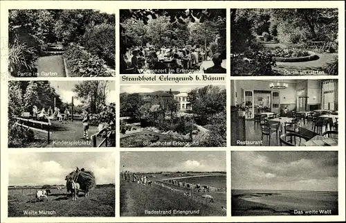 Ak Nordseebad Büsum, Strandhotel Erlengrund, Garten, Spielplatz, Restaurant, Strand, Watt