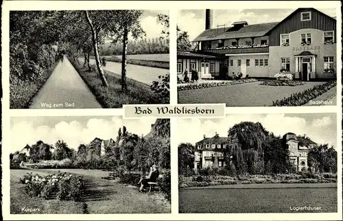 Ak Bad Waldliesborn Lippstadt in Westfalen, Kurpark, Weg zum Bad, Badehaus, Logierhäuser