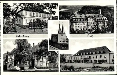 Ak Liebenburg in Niedersachsen, Schullandheim, Schloss, Gaststätte zur Post, Sanatorium*, Kirche