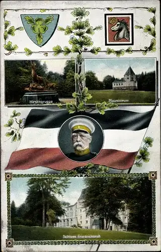 Passepartout Ak Aumühle Lauenburg, Hirschgruppe, Mausoleum, Schloss Friedrichsruh, Wappen, Bismarck