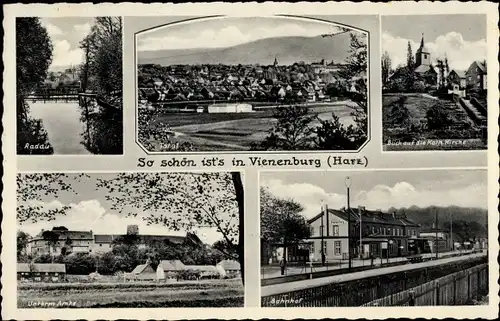 Ak Vienenburg Goslar am Harz, Katholische Kirche, Bahnhof, Gleisseite, Radau, Totalansicht