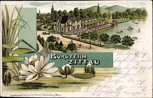 Litho Zittau in Sachsen, Burgteich mit Gasthaus, Seerosen