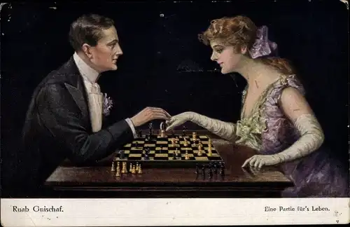 Künstler Ak Gnischaf, Ruab, Eine Partie fürs Leben, Paar spielt Schach