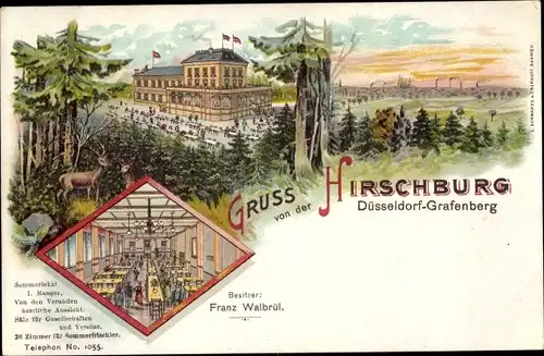 Litho Grafenberg Düsseldorf am Rhein, Gasthaus Hirschburg, Innenansicht