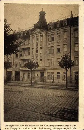 Ak Berlin Lichtenberg, Mittelgebäude der Wohnhäuser der Konsumgenossenschaft, Rittergutstraße 22