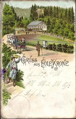 Litho Edle Krone Klingenberg im Erzgebirge, Hotel Edle Krone, Kutsche, Wanderer