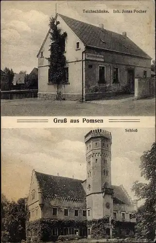 Ak Pomßen Parthenstein in Sachsen, Schloss, Gasthaus Teichschänke