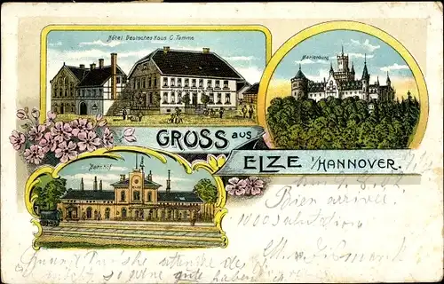 Litho Elze bei Hannover, Marienburg, Bahnhof Gleisseite, Hotel Deutsches Haus
