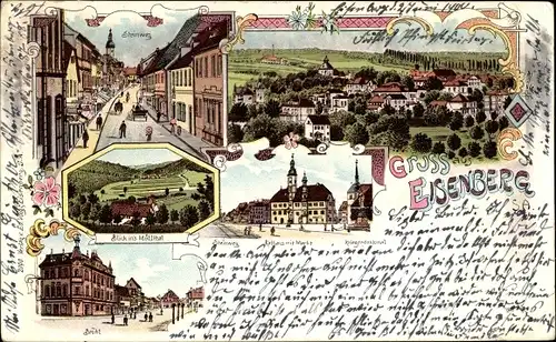 Litho Eisenberg in Thüringen, Rathaus, Markt, Kriegerdenkmal, Steinweg, Brühl, Panorama