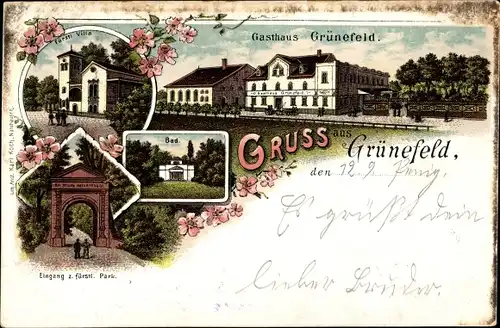 Litho Grünefeld Schönwalde Glien Havelland, Gasthaus Grünefeld, Fürstl. Villa, Bad, Parkeingang