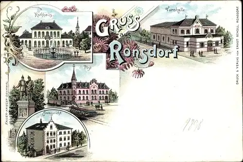 Litho Ronsdorf Elberfeld Wuppertal in Nordrhein Westfalen, Turnhalle, Post, Straßenbahn, Rathaus