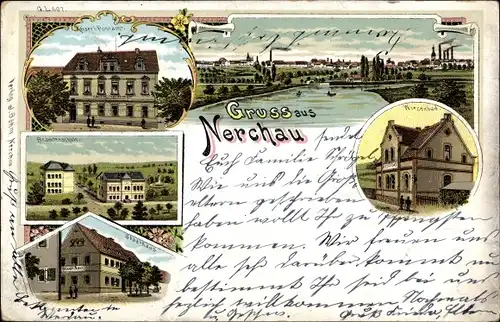 Litho Nerchau Grimma in Sachsen, Panorama, Beamtenschule, Postamt, Stadthaus, Wiesenbad