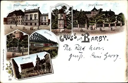 Litho Barby an der Elbe, Königl. Domaine, Herrnhaus, Königl. Seminar, Elbbrücke, Marktplatz