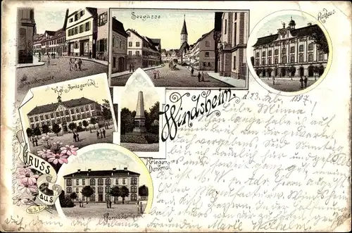 Litho Bad Windsheim in Mittelfranken, Rathaus, Seegasse, Amtsgericht, Schwalbengasse