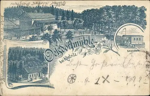 Litho Bad Köstritz an der Weißen Elster Thüringen, Ausflugslokal Oelsdorfmühle, Schießhalle, Garten