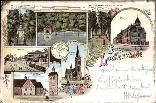 Litho Luckenwalde in Brandenburg, Bahnhof, Elsthal, Post, St. Jakobi Kirche