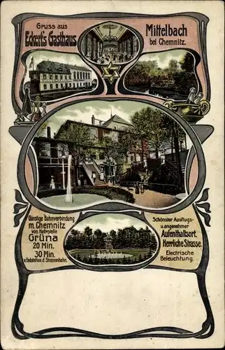 Jugendstil Ak Mittelbach Chemnitz Sachsen, Eckerts Gasthaus, Saal, Gartenanlagen, Fontäne