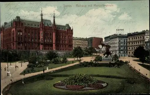 Ak Szczecin Stettin Pommern, Rathaus, Anlagen, Manzelbrunnen