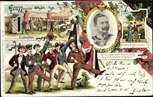 Litho Musterung, Soldatenhumor, Kaiser Wilhelm II Portrait