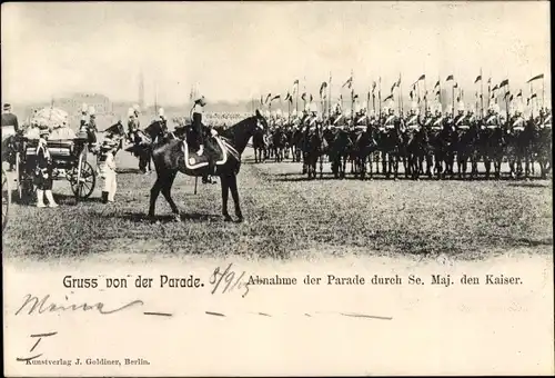 Ak Kaiser Wilhelm II. zu Pferd, Abnahme der Parade, Kavallerie-Eskadrons