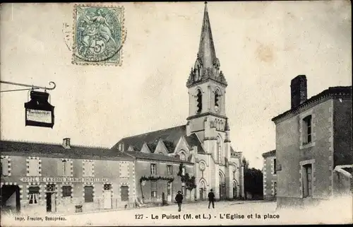 Ak Le Puiset Maine et Loire, L'Eglise et la place, Hotel de la Croix Blanche