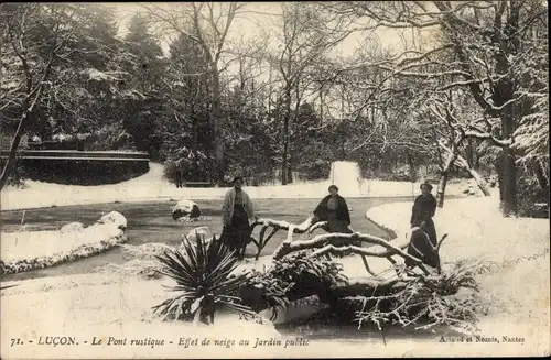 Ak Luçon Vendée, Le Pont rustique, Effet de neige au Jardin public