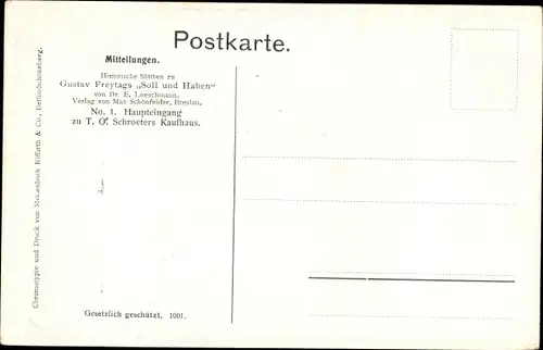 Künstler Ak Loeschmann, E., Wrocław Breslau Schlesien, G. Freytags Soll und Haben, Schroeters Kaufh.