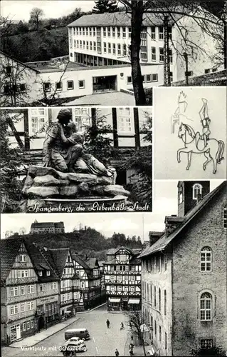 Ak Spangenberg in Hessen, Marktplatz und Schlossberg, Statue, Gebäude