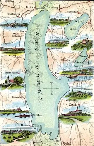 Landkarten AK, Ammer See, Wörth See, Pilsen See, Eching, Ried, Holzhausen, Utting, Buch