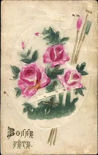 Relief Ak Glückwunsch, Bonne Fete, Rosen