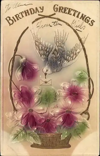 Präge Ak Glückwunsch Geburtstag, Blumen im Korb, Vogel mit Brief
