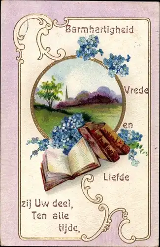 Präge Ak Dorfpartie, Vergissmeinnicht, Bücher, Gold