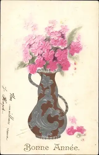 Präge Ak Glückwunsch Neujahr, Pinke Blumen in der Blumenvase