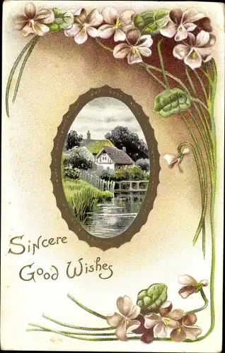 Präge Ak Glückwunsch, Haus am Wasser, Blumen, Sincere Good Wishes