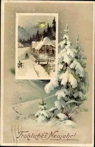 Präge Ak Glückwunsch Neujahr, Dorfpartie, Mondschein, Tannenbäume