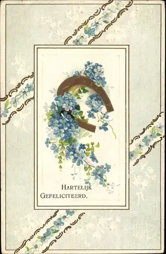 Präge Ak Glückwunsch, Hartelijk Gefeliciteerd, Hufeisen, Vergissmeinnicht