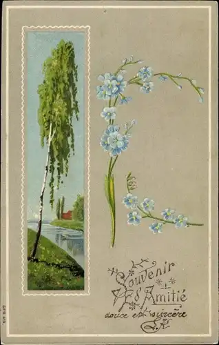 Präge Ak Glückwunsch, Birke, Vergissmeinnicht