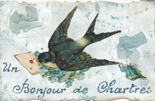 Stoff Ak Schwalbe mit Brief, Vergissmeinnicht, Schleifen