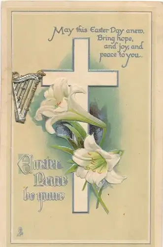 Präge Ak Glückwunsch Ostern, Kreuz, Blumen, Harfe, Tuck 1012