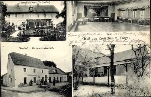 Ak Kreischau Beilrode in Sachsen, Herrschaftshaus, Gasthof Otto Heinze, Saal, Garten