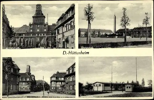 Ak Hüttenheim Duisburg am Rhein, Mittelstraße, Ehrenmal, Ungelheimerstraße, Sportplatz