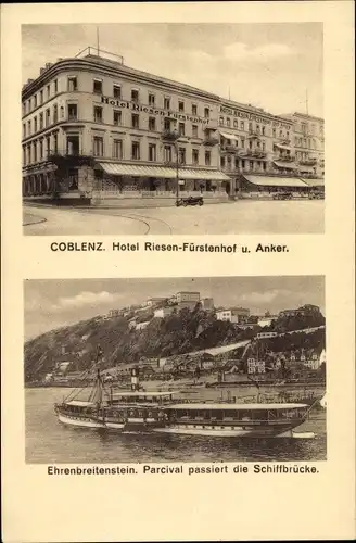 Ak Koblenz am Rhein, Hotel Riesen Fürstenhof und Anker, Salondampfer Parcival, Schiffbrücke