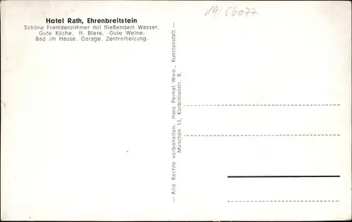 Künstler Ak Ehrenbreitstein Koblenz am Rhein, Hotel Rath