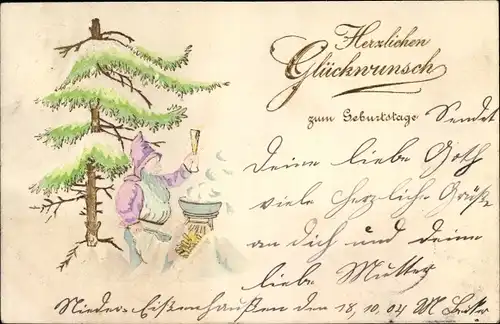 Präge Litho Glückwunsch Geburtstag, Zwerg mit Sektglas am Lagerfeuer