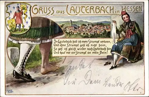 Künstler Wappen Ak Lauterbach in Hessen, Blick auf den Ort, Frau in Tracht mit verlorenem Strumpf
